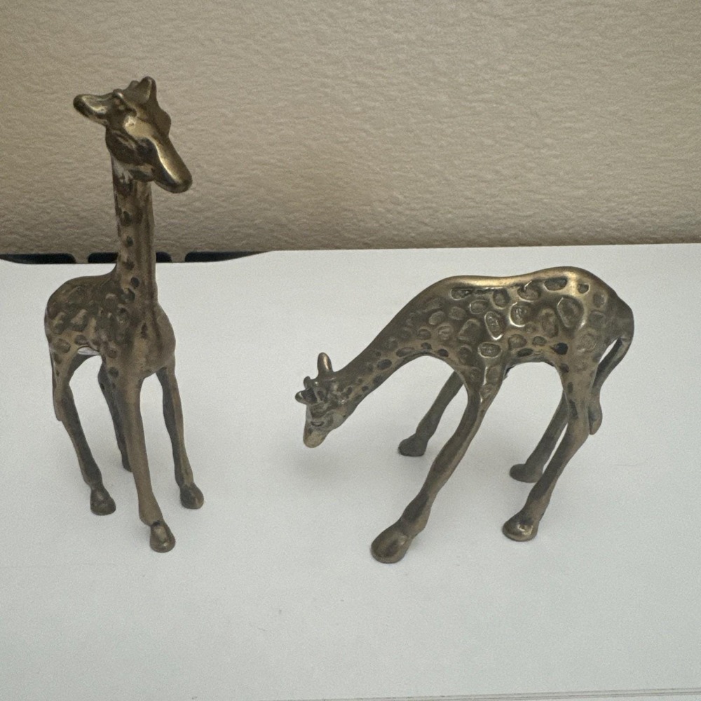 Vintage Set of 2 Brass Giraffe Figurines 5" Standing and 3" Grazing 'interpur'